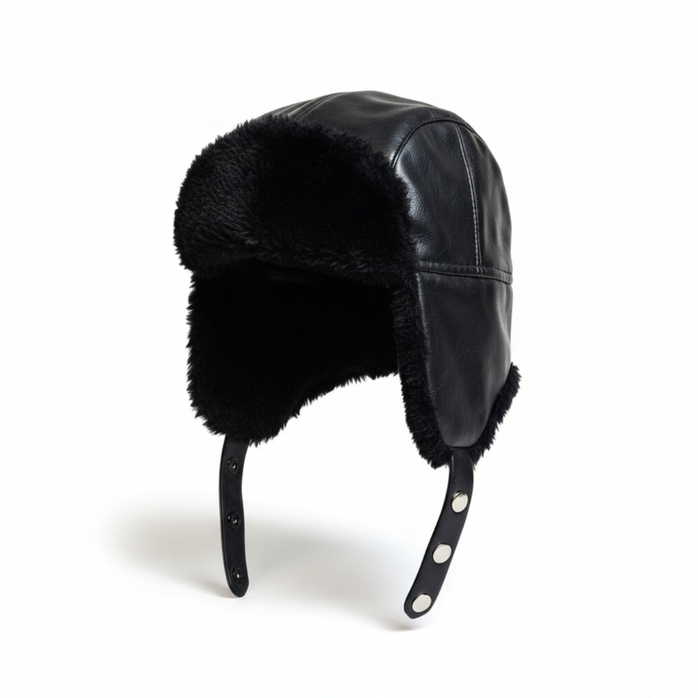 Vintage Leather Bomber Trapper Hat – Aviator Pilot Cap with Faux Fur